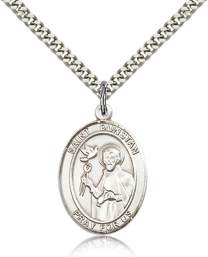 St. Dunstan Medal, Sterling Silver, Large - 24&quot; 2.4mm Rhodium Plate Chain + Clasp