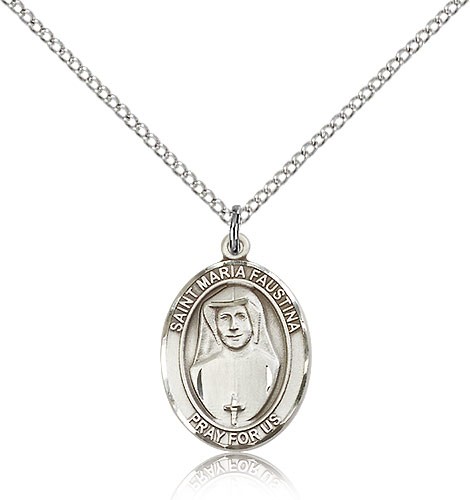 St. Maria Faustina Medal, Sterling Silver, Medium - 18&quot; 1.2mm Sterling Silver Chain + Clasp