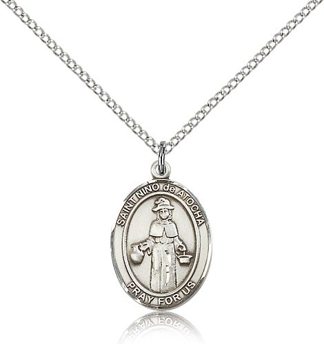 St. Nino De Atocha Medal, Sterling Silver, Medium - 18&quot; 1.2mm Sterling Silver Chain + Clasp
