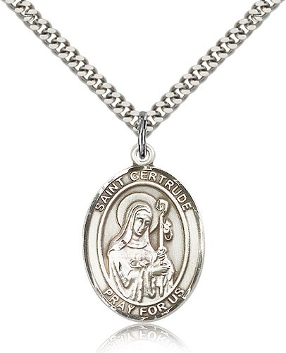 St. Gertrude of Nivelles Medal, Sterling Silver, Large - 24&quot; 2.4mm Rhodium Plate Chain + Clasp