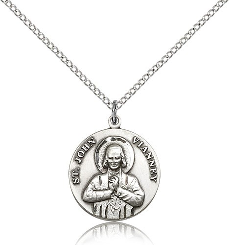 St. John Vianney Medal, Sterling Silver - 18&quot; 1.2mm Sterling Silver Chain + Clasp