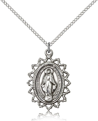 Miraculous Medal, Sterling Silver - 18&quot; 1.2mm Sterling Silver Chain + Clasp