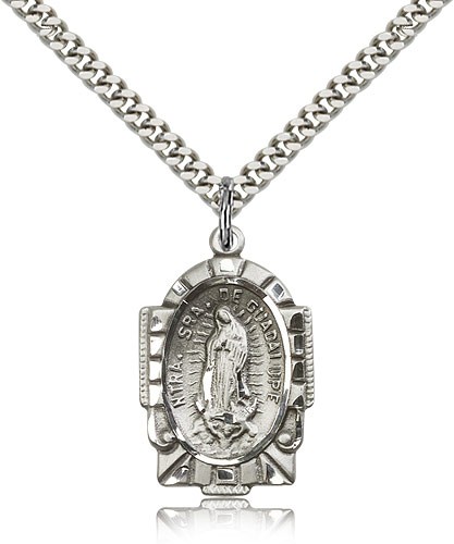 Our Lady of Guadalupe Medal, Sterling Silver - 24&quot; 2.4mm Rhodium Plate Endless Chain