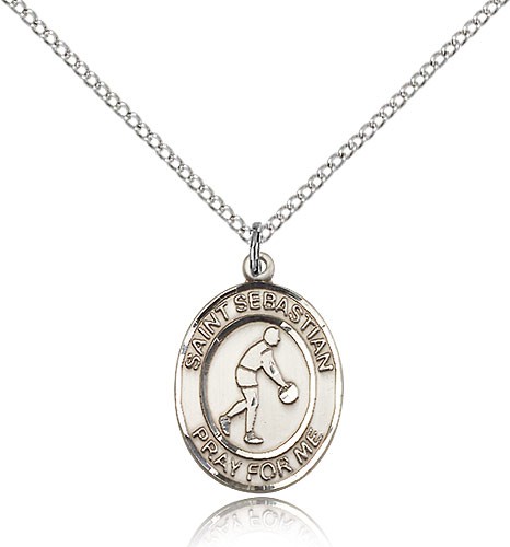 St. Sebastian Basketball Medal, Sterling Silver, Medium - 18&quot; 1.2mm Sterling Silver Chain + Clasp