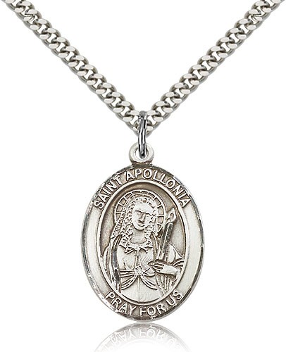 St. Apollonia Medal, Sterling Silver, Large - 24&quot; 2.4mm Rhodium Plate Chain + Clasp