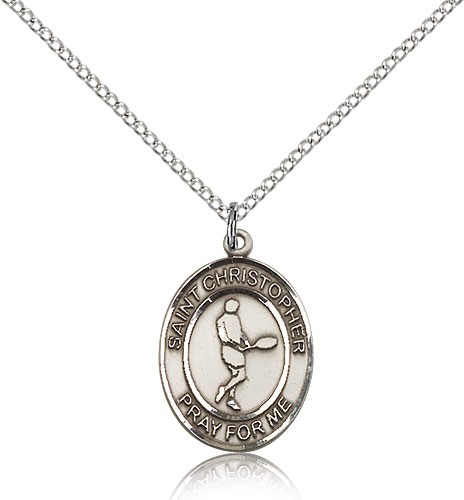 St. Christopher Tennis Medal, Sterling Silver, Medium - 18&quot; 1.2mm Sterling Silver Chain + Clasp