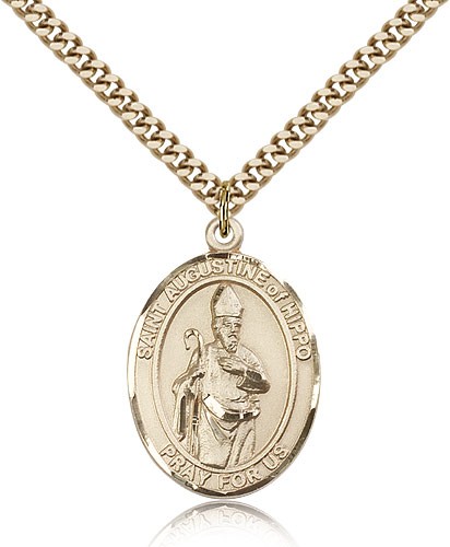 St. Augustine of Hippo Medal, Gold Filled, Large - 24&quot; 2.4mm Gold Plated Chain + Clasp