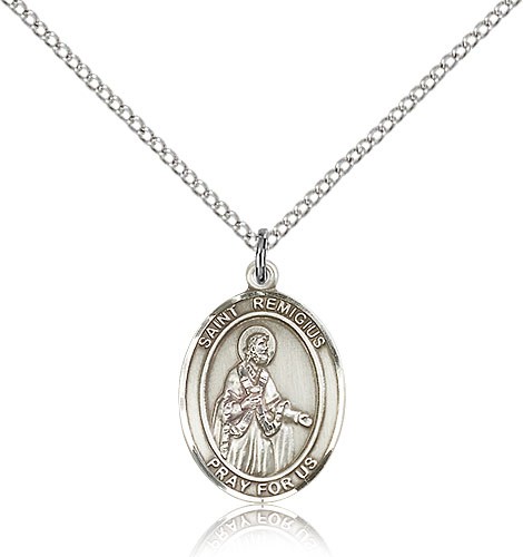St. Remigius of Reims Medal, Sterling Silver, Medium - 18&quot; 1.2mm Sterling Silver Chain + Clasp