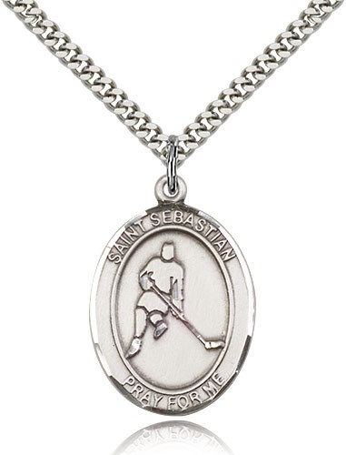 St. Sebastian Field Hockey Medal, Sterling Silver, Large - 24&quot; 2.4mm Rhodium Plate Chain + Clasp