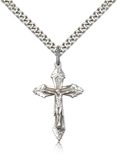 Crucifix Pendant, Sterling Silver - 24&quot; 2.4mm Rhodium Plate Endless Chain