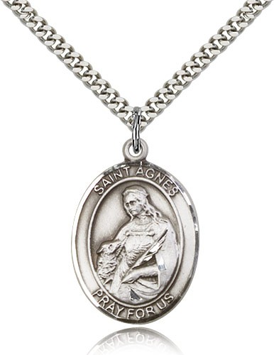 St. Agnes of Rome Medal, Sterling Silver, Large - 24&quot; 2.4mm Rhodium Plate Chain + Clasp