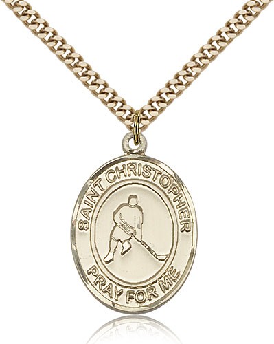 St. Christopher Ice Hockey Medal, Gold Filled, Large - 24&quot; 2.4mm Gold Plated Chain + Clasp