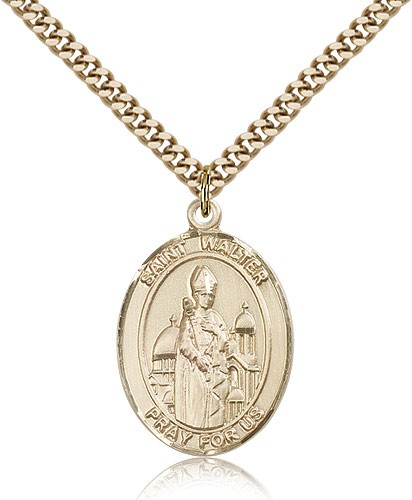 St. Walter of Pontnoise Medal, Gold Filled, Large - 24&quot; 2.4mm Gold Plated Chain + Clasp