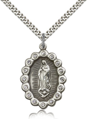 Our Lady of Guadalupe Medal, Sterling Silver - 24&quot; 2.4mm Rhodium Plate Endless Chain