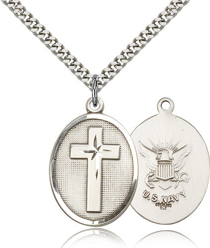 Navy Cross Pendant, Sterling Silver - 24&quot; 2.4mm Rhodium Plate Endless Chain