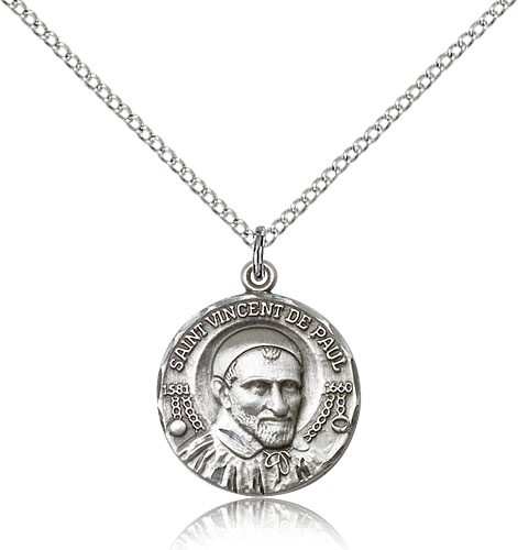 St. Vincent De Paul Medal, Sterling Silver - 18&quot; 1.2mm Sterling Silver Chain + Clasp