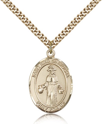St. Nino De Atocha Medal, Gold Filled, Large - 24&quot; 2.4mm Gold Plated Chain + Clasp