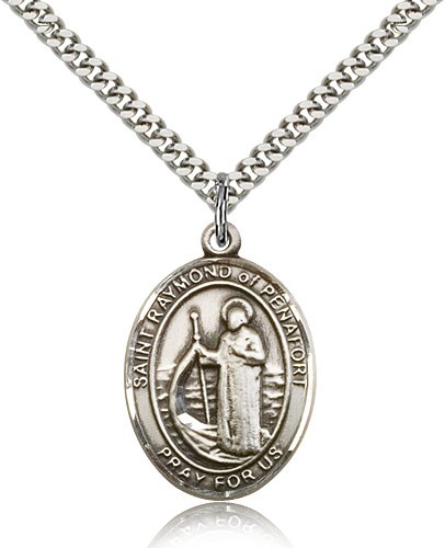 St. Raymond of Penafort Medal, Sterling Silver, Large - 24&quot; 2.4mm Rhodium Plate Chain + Clasp