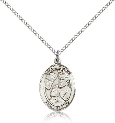 St. Edwin Medal, Sterling Silver, Medium - 18&quot; 1.2mm Sterling Silver Chain + Clasp