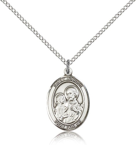 St. Joseph Medal, Sterling Silver, Medium - 18&quot; 1.2mm Sterling Silver Chain + Clasp