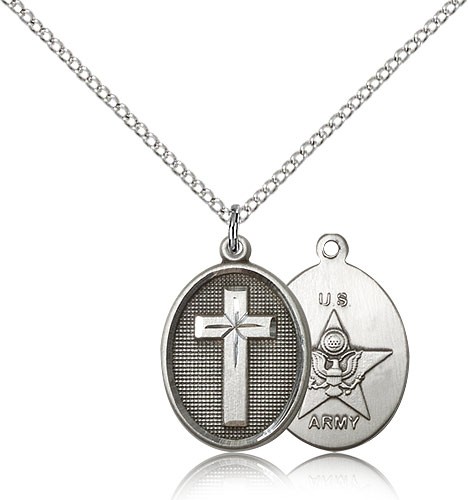 Army Cross Pendant, Sterling Silver - 18&quot; 1.2mm Sterling Silver Chain + Clasp