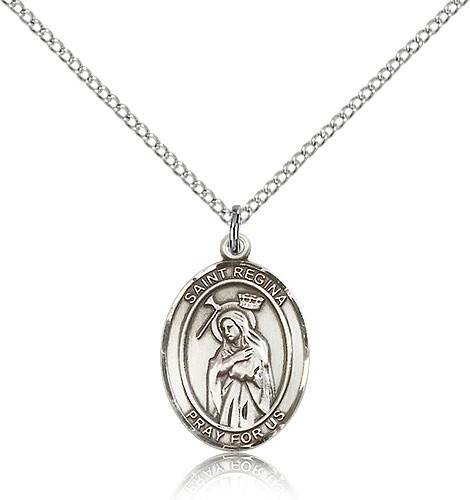 St. Regina Medal, Sterling Silver, Medium - 18&quot; 1.2mm Sterling Silver Chain + Clasp