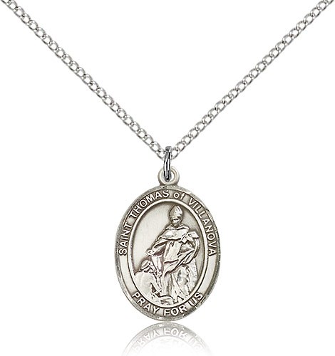 St. Thomas of Villanova Medal, Sterling Silver, Medium - 18&quot; 1.2mm Sterling Silver Chain + Clasp