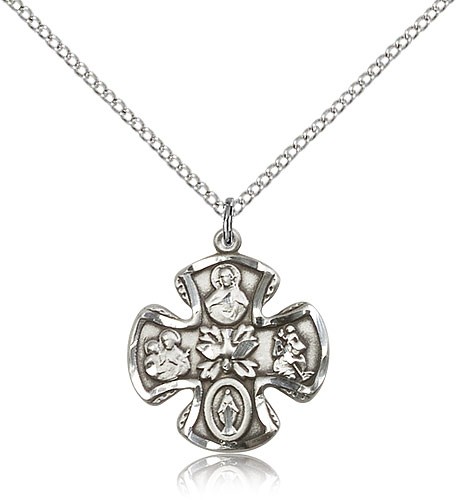 5 Way Cross Pendant, Sterling Silver - 18&quot; 1.2mm Sterling Silver Chain + Clasp