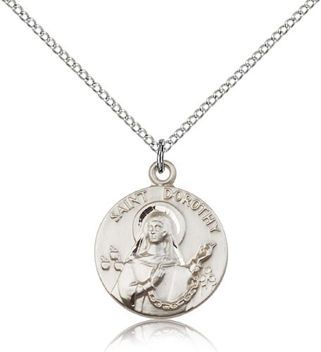 St. Dorothy Medal, Sterling Silver - 18&quot; 1.2mm Sterling Silver Chain + Clasp