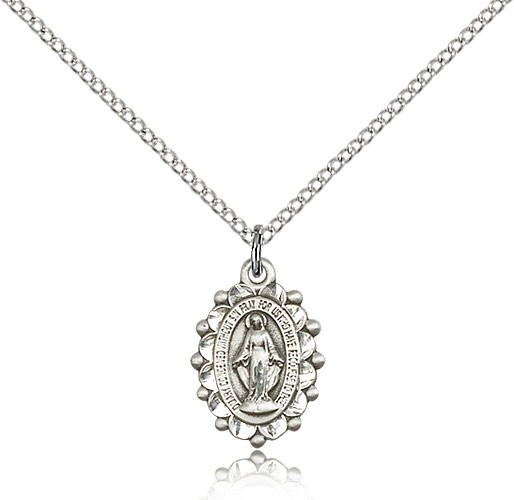 Miraculous Medal, Sterling Silver - 18&quot; 1.2mm Sterling Silver Chain + Clasp