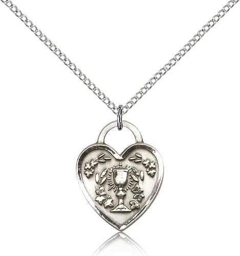 Communion Heart Medal, Sterling Silver - 18&quot; 1.2mm Sterling Silver Chain + Clasp