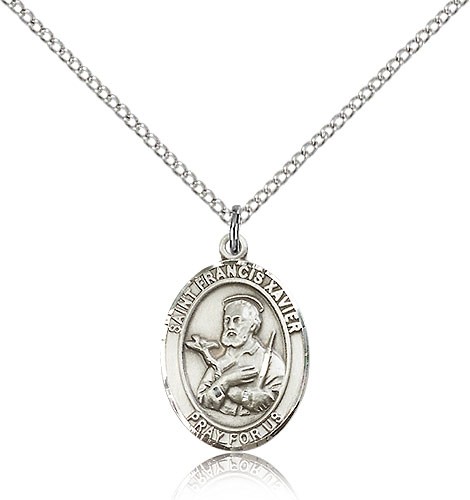 St. Francis Xavier Medal, Sterling Silver, Medium - 18&quot; 1.2mm Sterling Silver Chain + Clasp