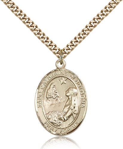 St. Catherine of Bologna Medal, Gold Filled, Large - 24&quot; 2.4mm Gold Plated Chain + Clasp