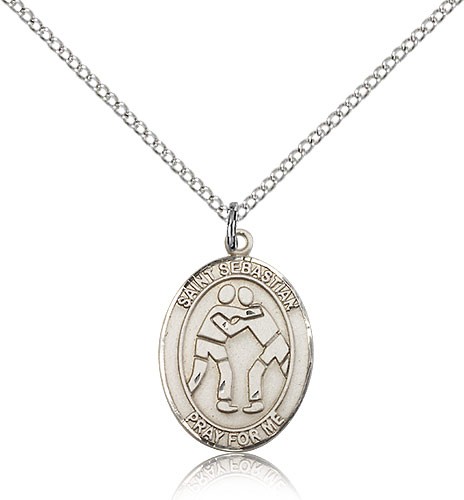 St. Sebastian Wrestling Medal, Sterling Silver, Medium - 18&quot; 1.2mm Sterling Silver Chain + Clasp