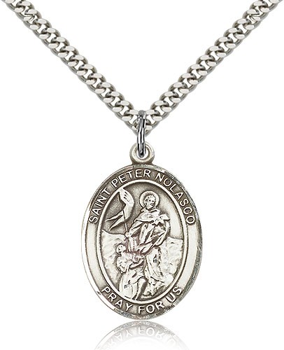 St. Peter Nolasco Medal, Sterling Silver, Large - 24&quot; 2.4mm Rhodium Plate Chain + Clasp