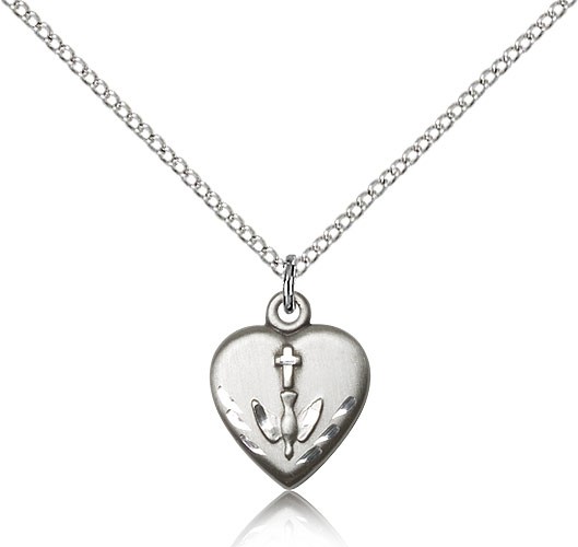 Heart Confirmation Medal, Sterling Silver - 18&quot; 1.2mm Sterling Silver Chain + Clasp