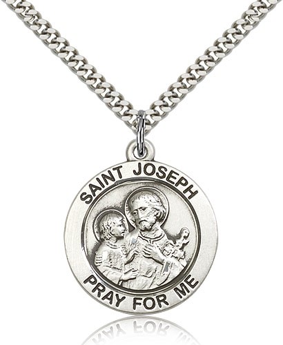 St. Joseph Medal, Sterling Silver - 24&quot; 2.4mm Rhodium Plate Endless Chain