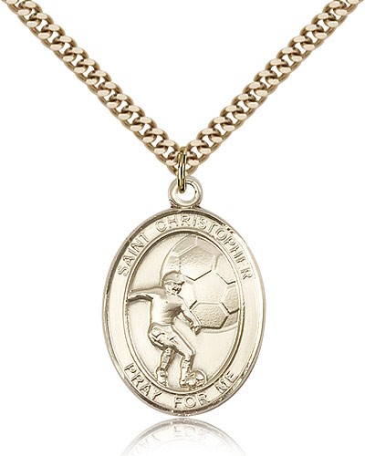 St. Christopher Soccer Medal, Gold Filled, Large - 24&quot; 2.4mm Gold Plated Chain + Clasp