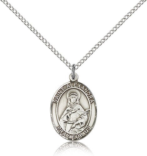 St. Alexandra Medal, Sterling Silver, Medium - 18&quot; 1.2mm Sterling Silver Chain + Clasp