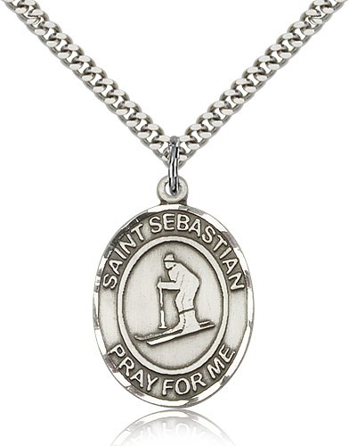 St. Sebastian Skiing Medal, Sterling Silver, Large - 24&quot; 2.4mm Rhodium Plate Chain + Clasp