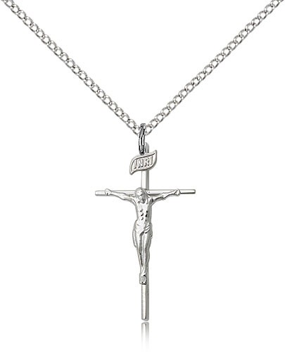 Crucifix Pendant, Sterling Silver - 18&quot; 1.2mm Sterling Silver Chain + Clasp