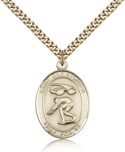 St. Christopher Swimming Medal, Gold Filled, Large - 24&quot; 2.4mm Gold Plated Chain + Clasp