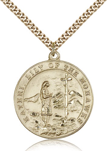 St. Kateri Medal, Gold Filled - 24&quot; 2.4mm Gold Plated Endless Chain