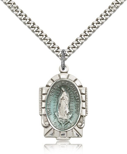 Our Lady of Guadalupe Medal, Sterling Silver - 24&quot; 2.4mm Rhodium Plate Endless Chain