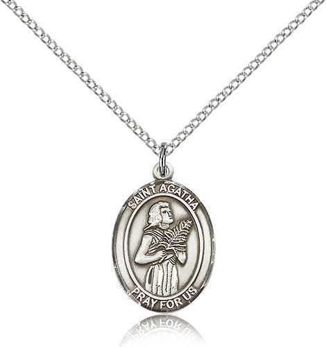 St. Agatha Medal, Sterling Silver, Medium - 18&quot; 1.2mm Sterling Silver Chain + Clasp