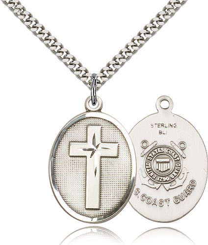 Coast Guard Cross Pendant, Sterling Silver - 24&quot; 2.4mm Rhodium Plate Endless Chain