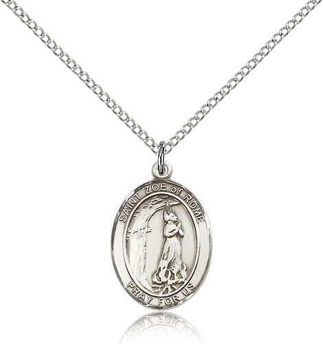 St. Zoe of Rome Medal, Sterling Silver, Medium - 18&quot; 1.2mm Sterling Silver Chain + Clasp