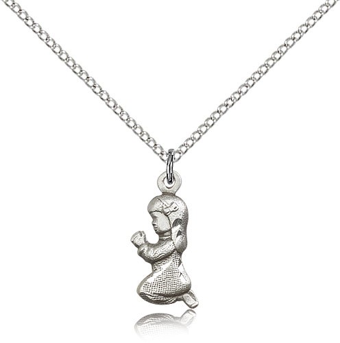 Praying Girl Medal, Sterling Silver - 18&quot; 1.2mm Sterling Silver Chain + Clasp