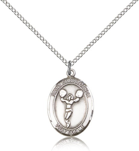 St. Christopher Cheerleading Medal, Sterling Silver, Medium - 18&quot; 1.2mm Sterling Silver Chain + Clasp
