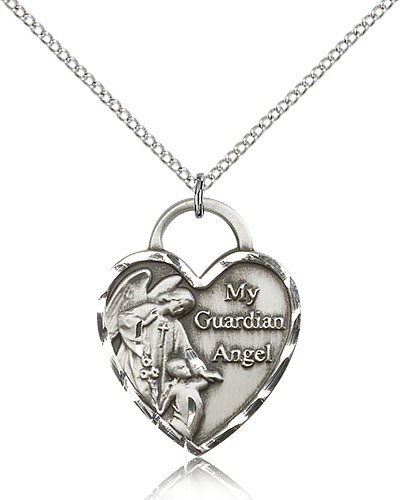 Guardian Angel Heart Medal, Sterling Silver - 18&quot; 1.2mm Sterling Silver Chain + Clasp